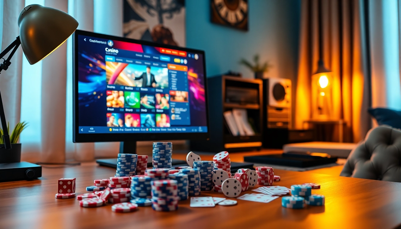 Exciting poker setup featuring a computer gaming interface from https://okfun.accountant/ with chips and cards.