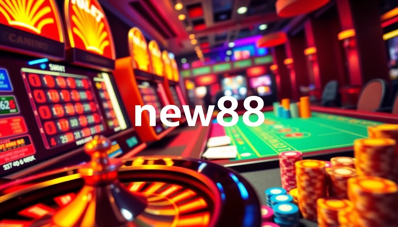 Experience the vibrant excitement at new88 chính thức online casino with spinning roulette and colorful poker chips.