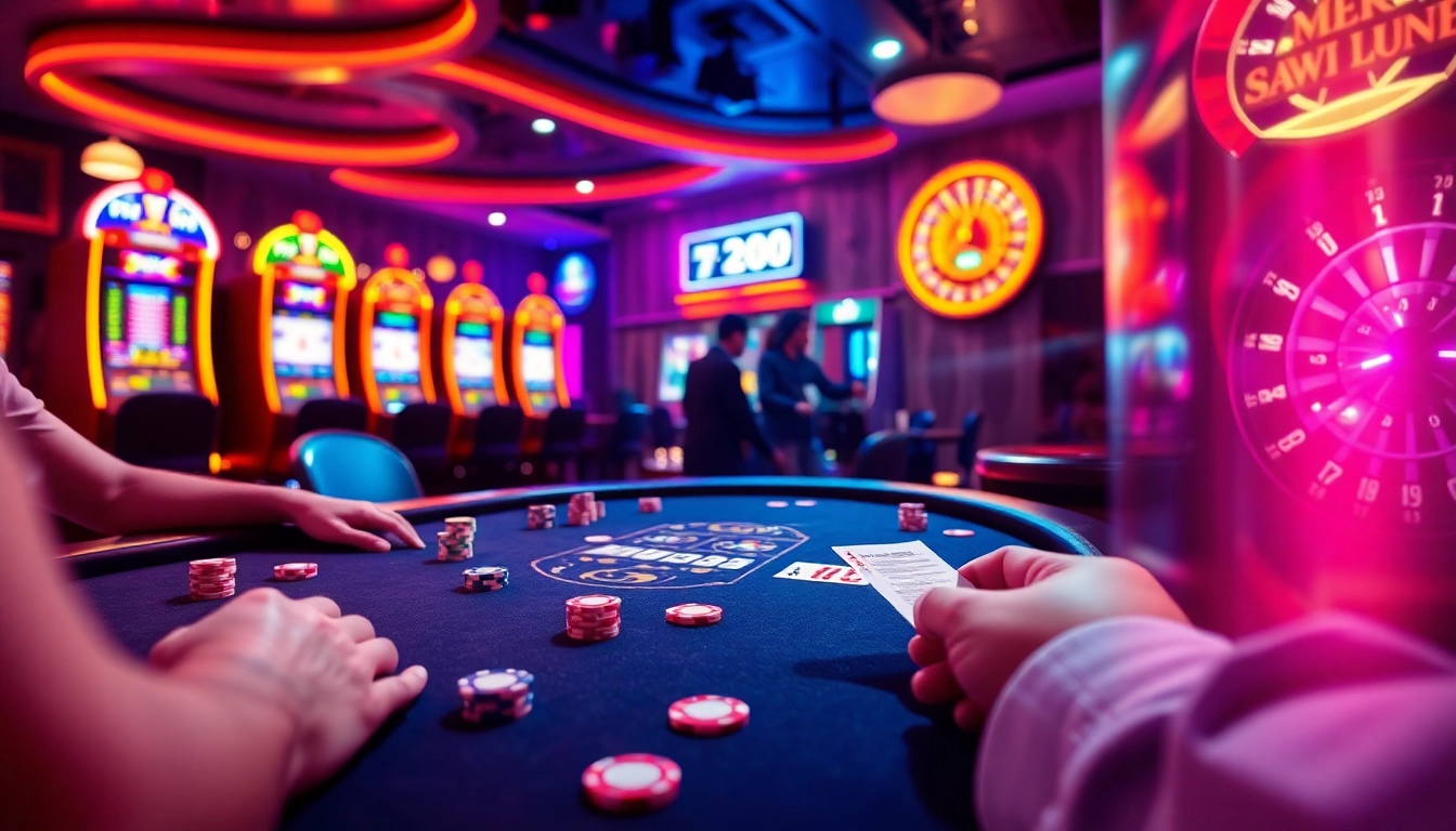 Exciting poker action at f8bet.com with vibrant slot machines and roulette, capturing the thrill of gambling.